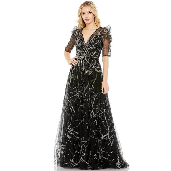 NWT, Mac Duggal 20428 - Puff Sleeve Embellished in Black Size 4 #LD082 - Picture 1 of 9